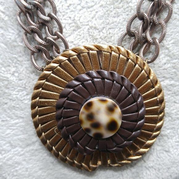 Boho Mixed Metal Colored Pendant Necklace,  Leather Woven Pendant, 22 Inches - Picture 3 of 8